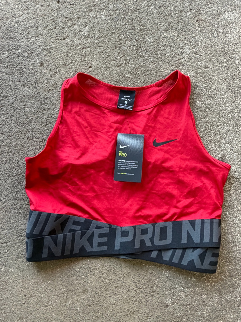 NWT NIKE DRI-FIT  Red Athletic Cropped Tank with Black Logo Band Size L